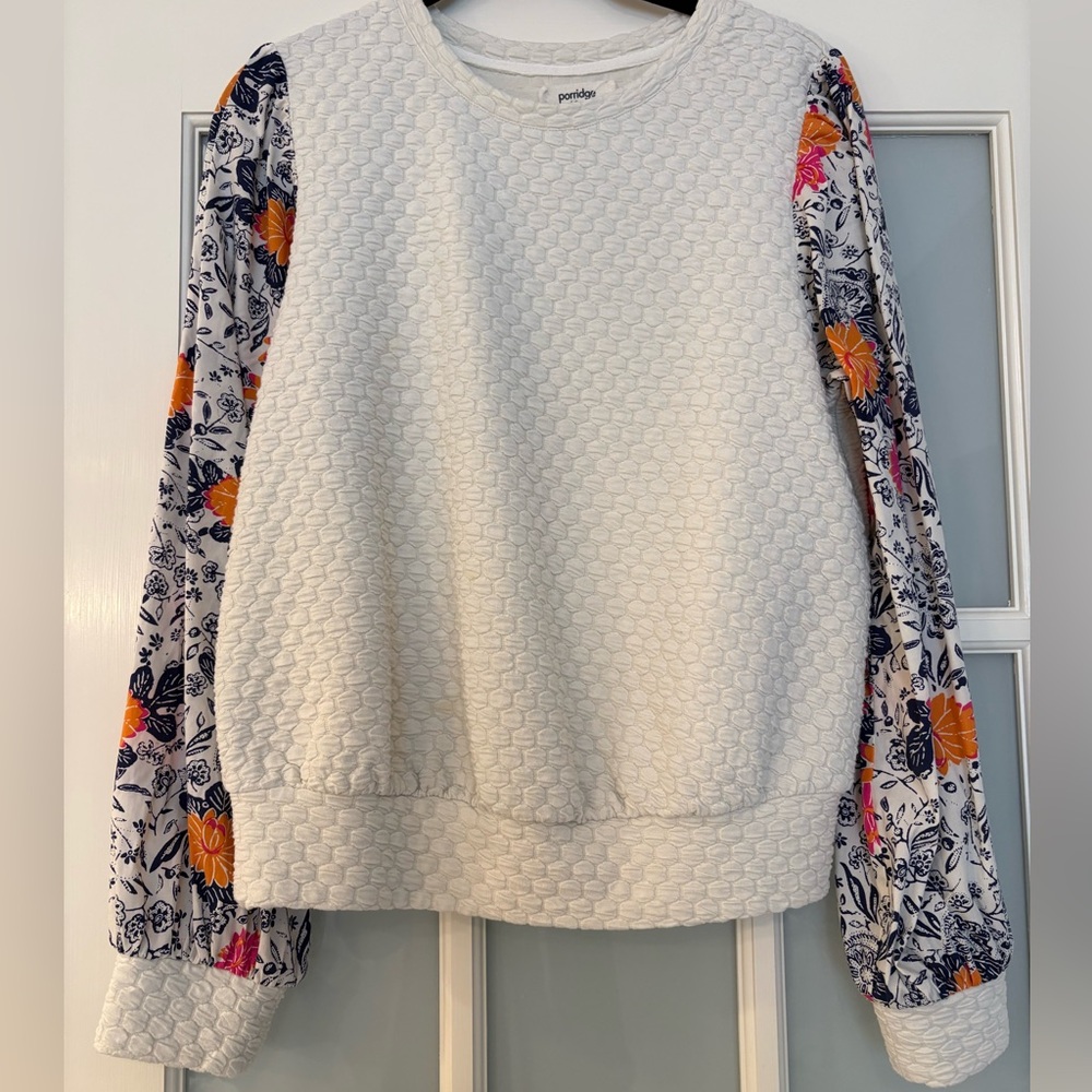 Porridge Anthropologie White Textured Sweater with Floral Sleeves